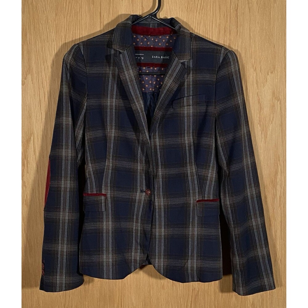 Zara Basic Plaid Blazer Burgundy Elbow Patches Equestrian Academia Preppy Sz Sm